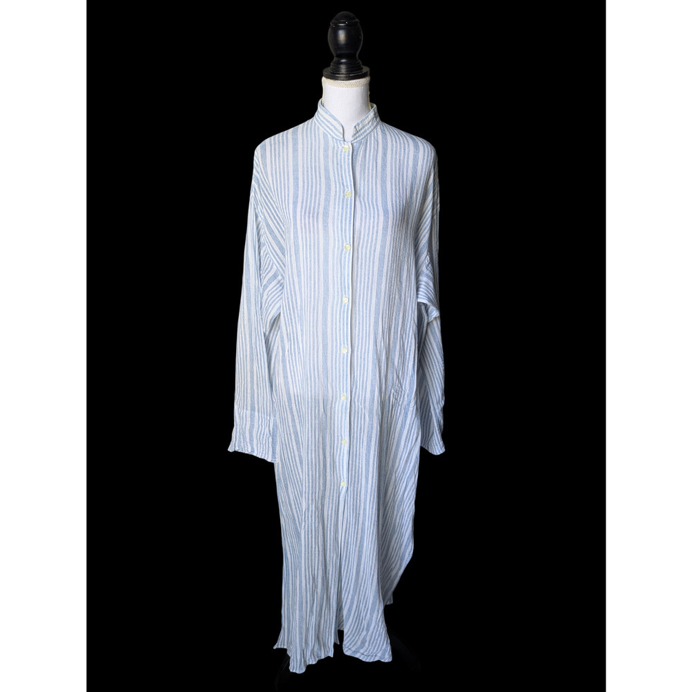 Vintage Victorias Secret 1980s Blue White Striped Semi Sheer Kaftan Large Button